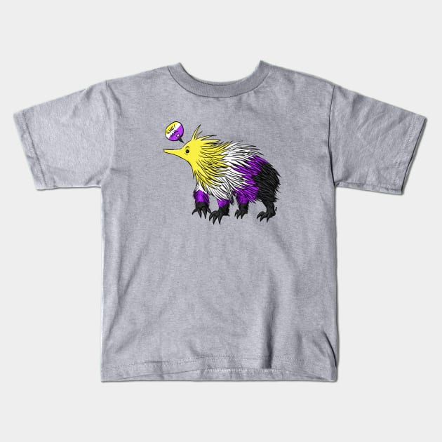 Non Binary Echidna with She/Her Pronouns Kids T-Shirt by manicgremlin